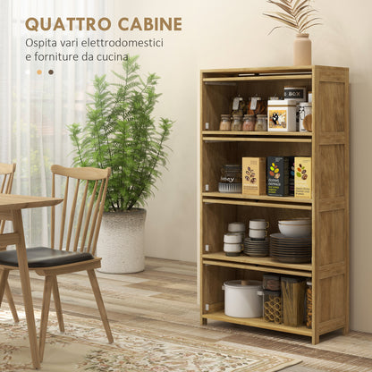 Boho Style Kitchen Trolley with 4 Flip-Up Doors, Chipboard and Rattan Kitchen Cabinet, 70x32x132.8 cm, Wood Color