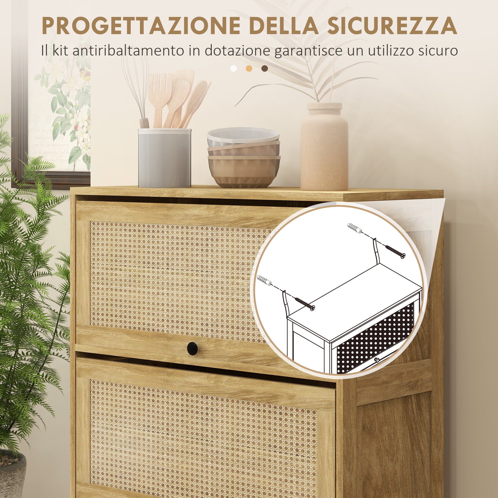 Boho Style Kitchen Trolley with 4 Flip-Up Doors, Chipboard and Rattan Kitchen Cabinet, 70x32x132.8 cm, Wood Color