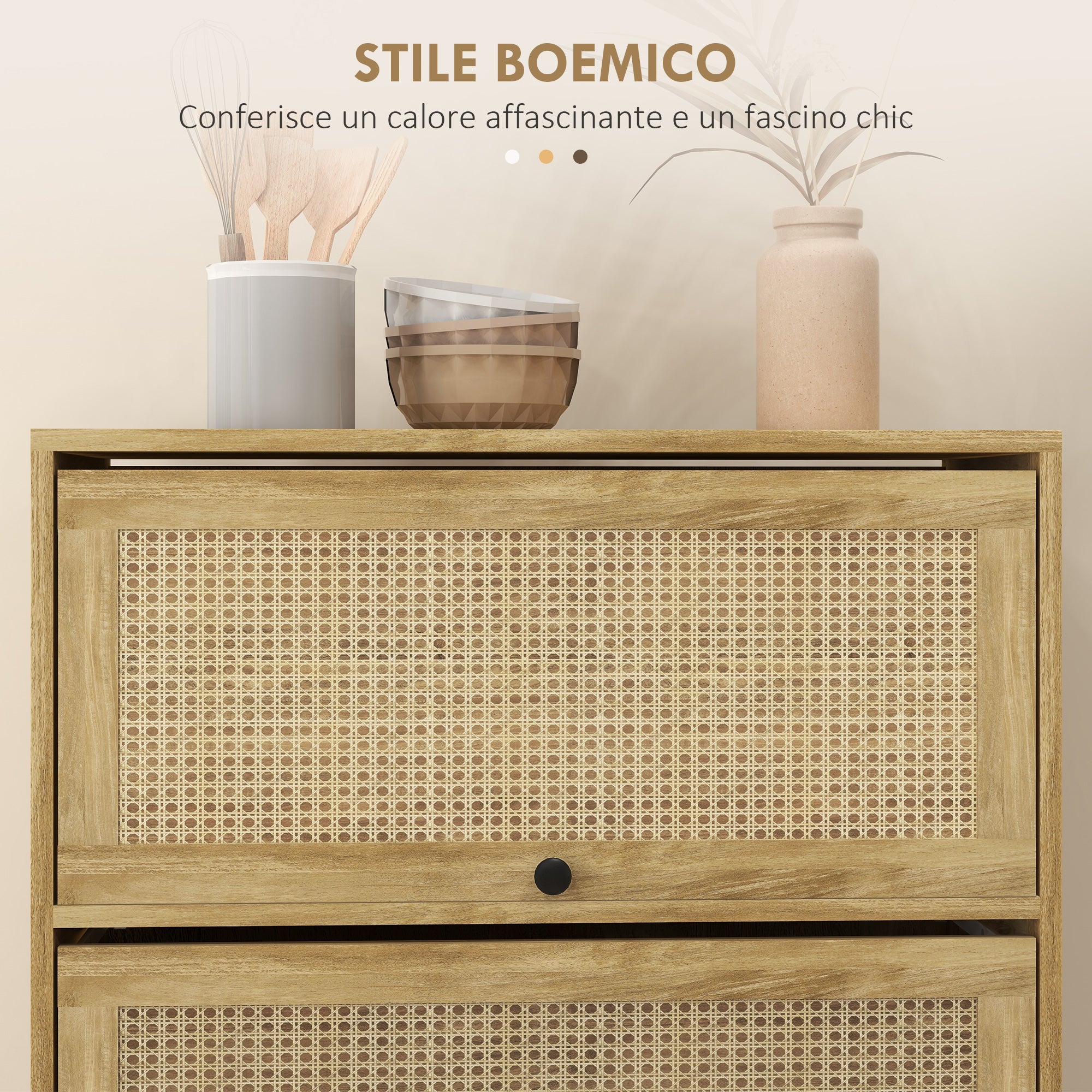 Boho Style Kitchen Trolley with 4 Flip-Up Doors, Chipboard and Rattan Kitchen Cabinet, 70x32x132.8 cm, Wood Color