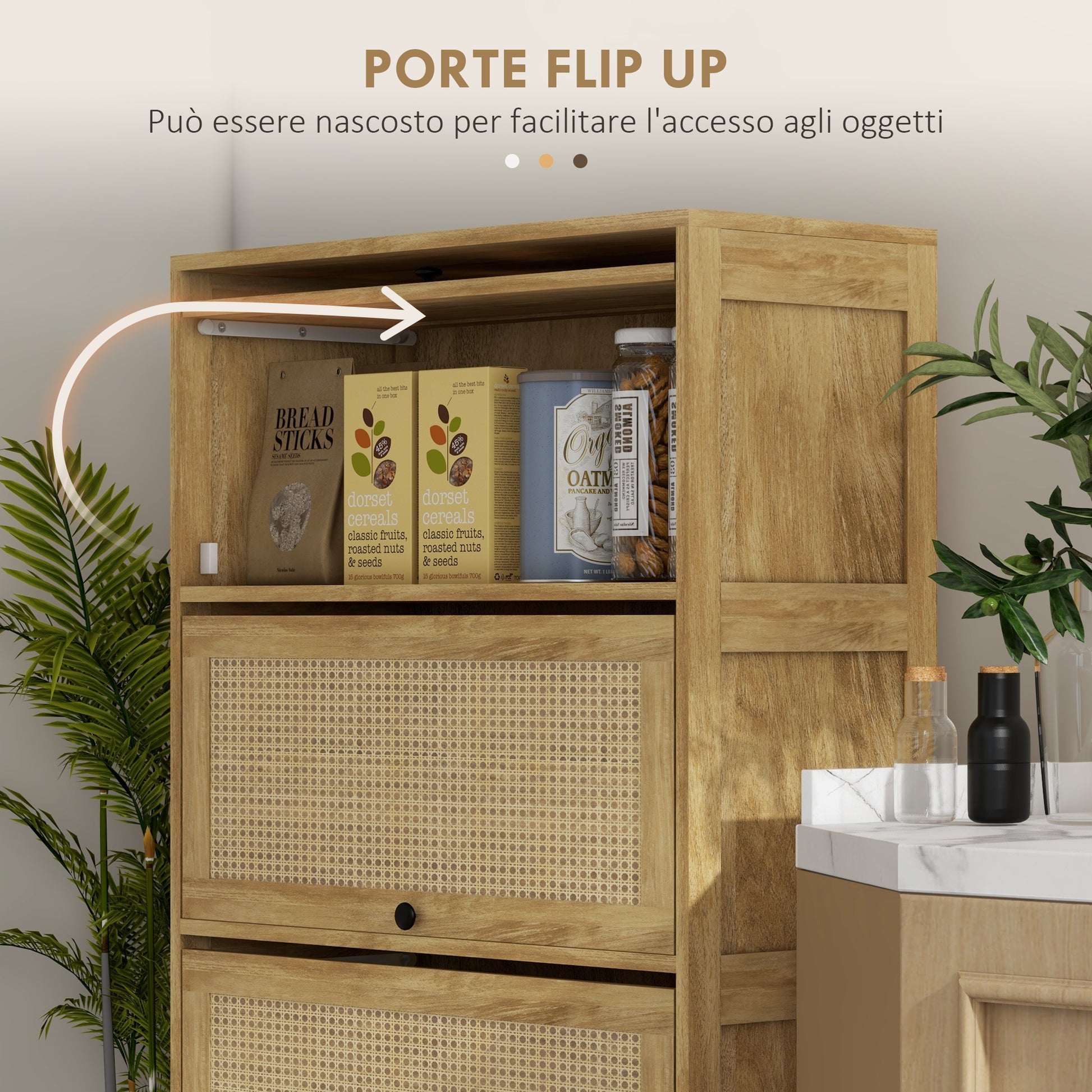 Boho Style Kitchen Trolley with 4 Flip-Up Doors, Chipboard and Rattan Kitchen Cabinet, 70x32x132.8 cm, Wood Color