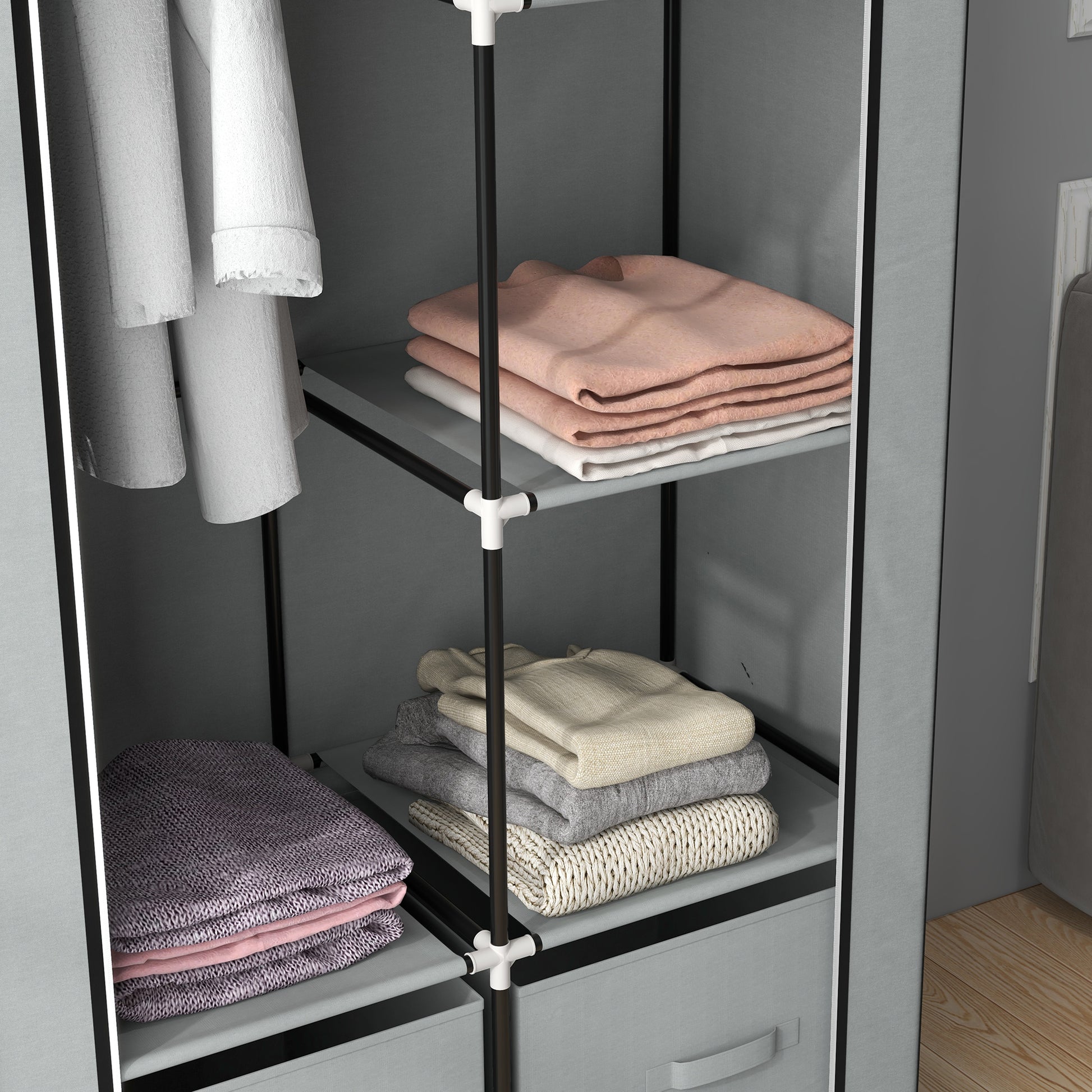 Wardrobe Fabric Closet with 5 Compartments, Clothes Rail, Zipper Folding Closet Fabric Wardrobe for Bedroom, Dressing Room, 150 x 45 x 175 cm, Light Grey
