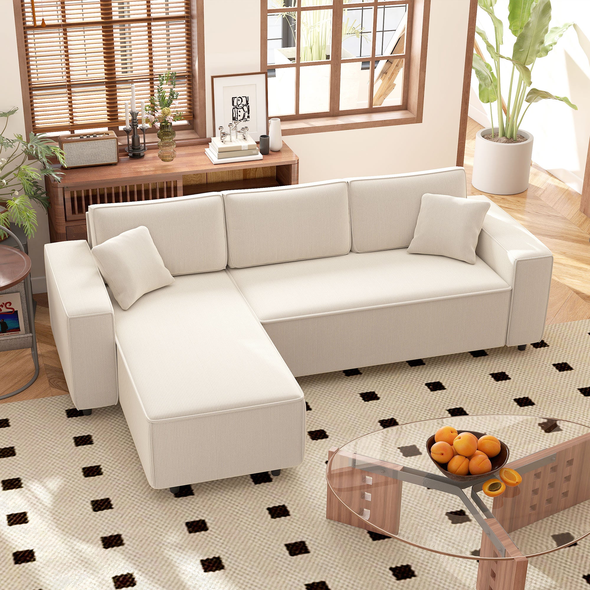 L-Shaped 3-Seater Sofa with Reversible Chaise Longue 2 Cushions Spring Padding, Cord Fabric Corner Sofa for Living Room Bedroom 241x153x83 cm Cream White