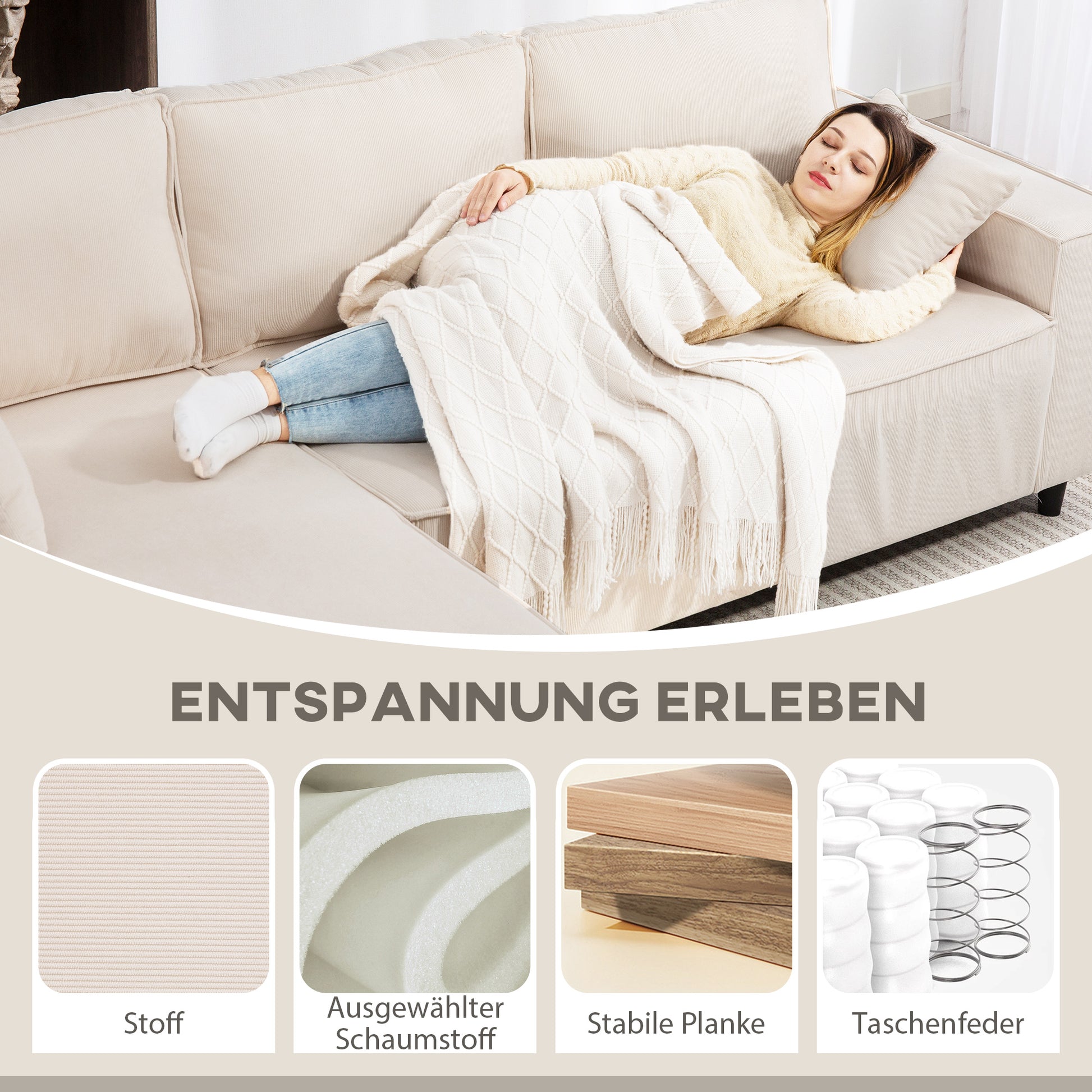 L-Shaped 3-Seater Sofa with Reversible Chaise Longue 2 Cushions Spring Padding, Cord Fabric Corner Sofa for Living Room Bedroom 241x153x83 cm Cream White