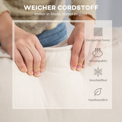 L-Shaped 3-Seater Sofa with Reversible Chaise Longue 2 Cushions Spring Padding, Cord Fabric Corner Sofa for Living Room Bedroom 241x153x83 cm Cream White