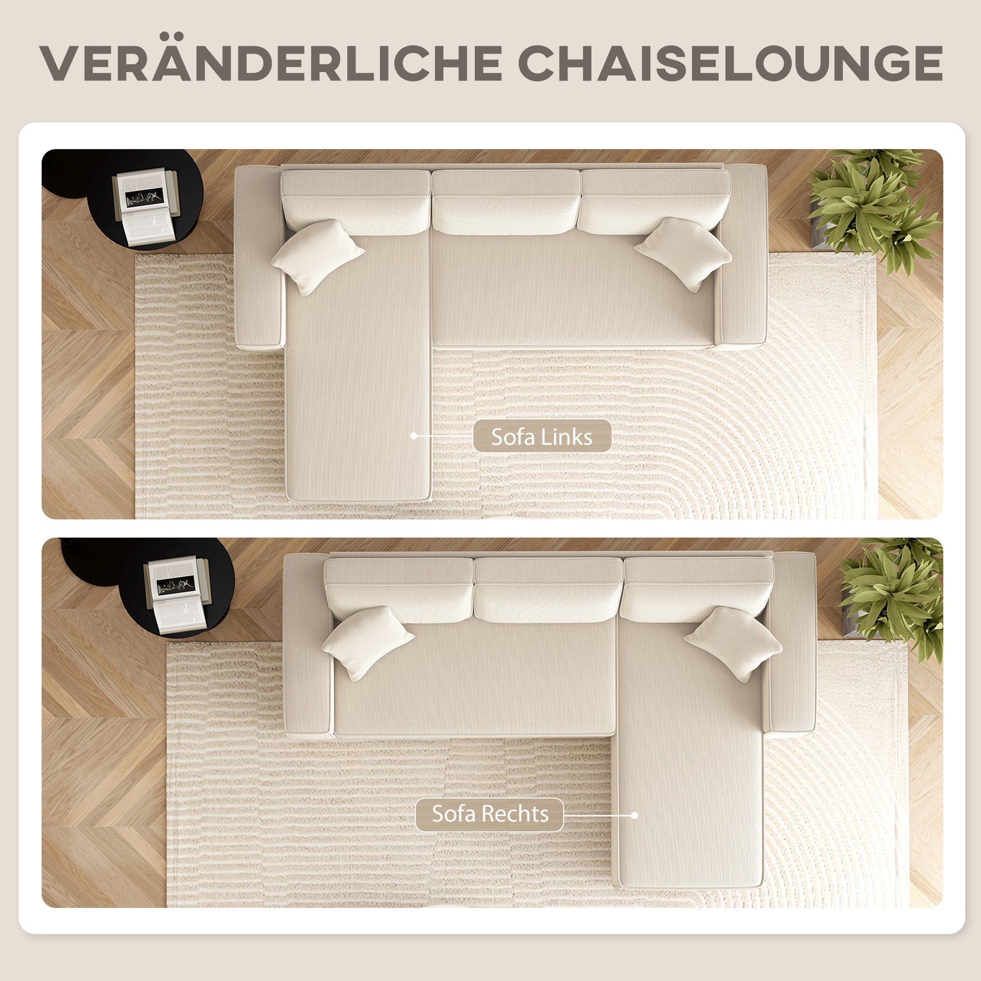 L-Shaped 3-Seater Sofa with Reversible Chaise Longue 2 Cushions Spring Padding, Cord Fabric Corner Sofa for Living Room Bedroom 241x153x83 cm Cream White