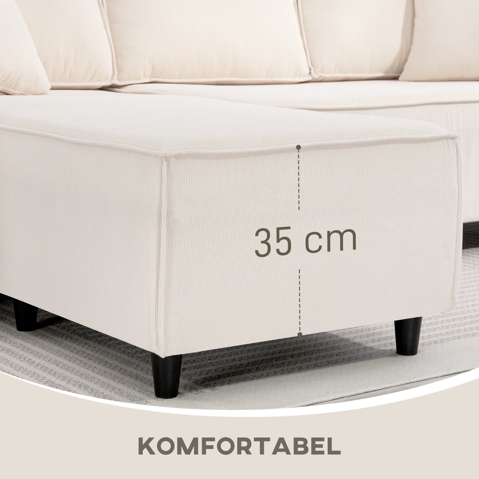 L-Shaped 3-Seater Sofa with Reversible Chaise Longue 2 Cushions Spring Padding, Cord Fabric Corner Sofa for Living Room Bedroom 241x153x83 cm Cream White