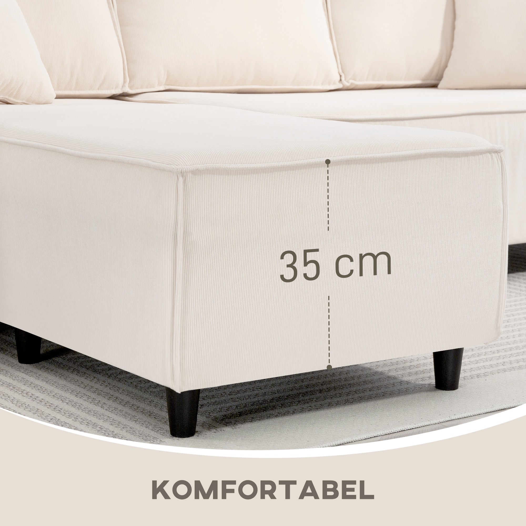 L-Shaped 3-Seater Sofa with Reversible Chaise Longue 2 Cushions Spring Padding, Cord Fabric Corner Sofa for Living Room Bedroom 241x153x83 cm Cream White
