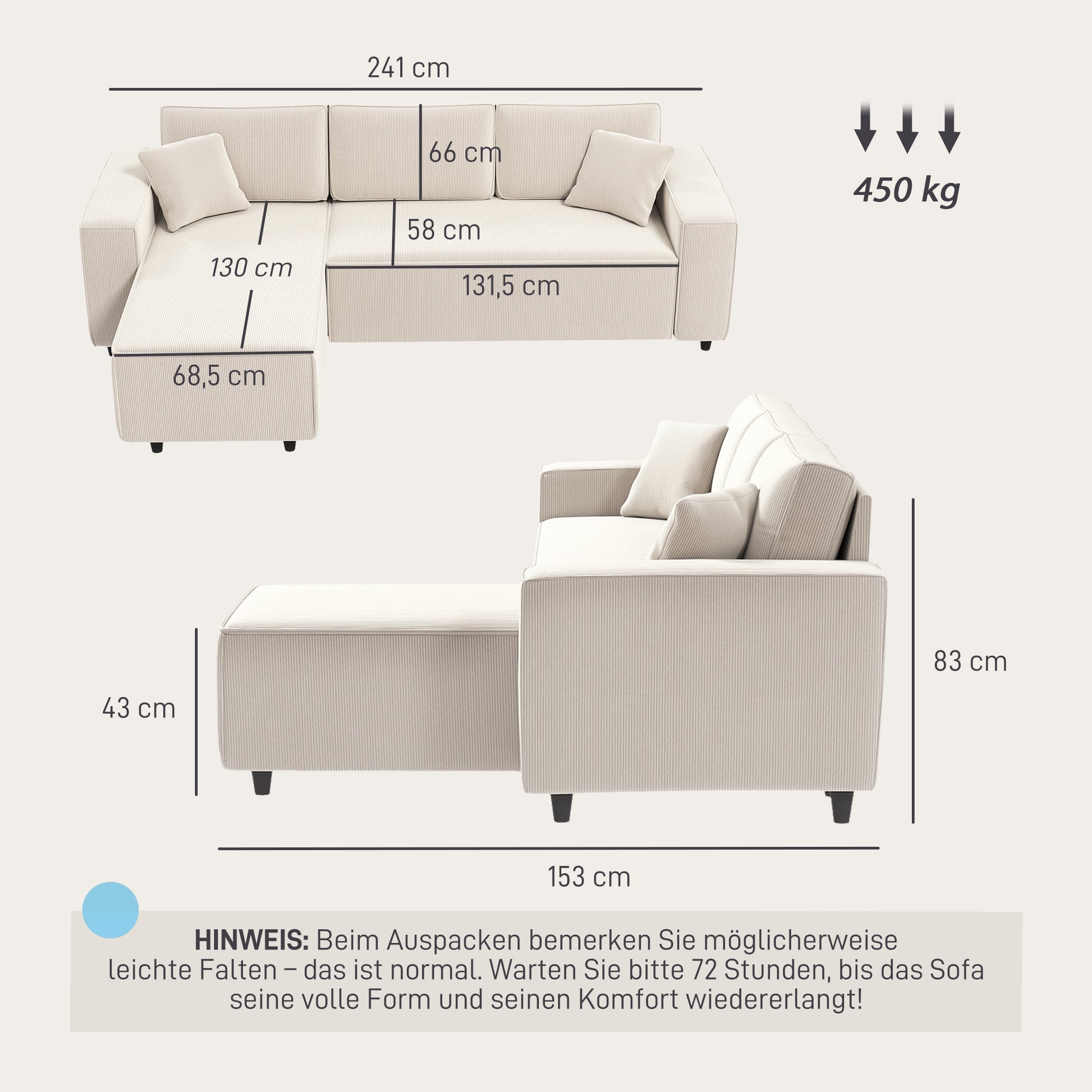L-Shaped 3-Seater Sofa with Reversible Chaise Longue 2 Cushions Spring Padding, Cord Fabric Corner Sofa for Living Room Bedroom 241x153x83 cm Cream White
