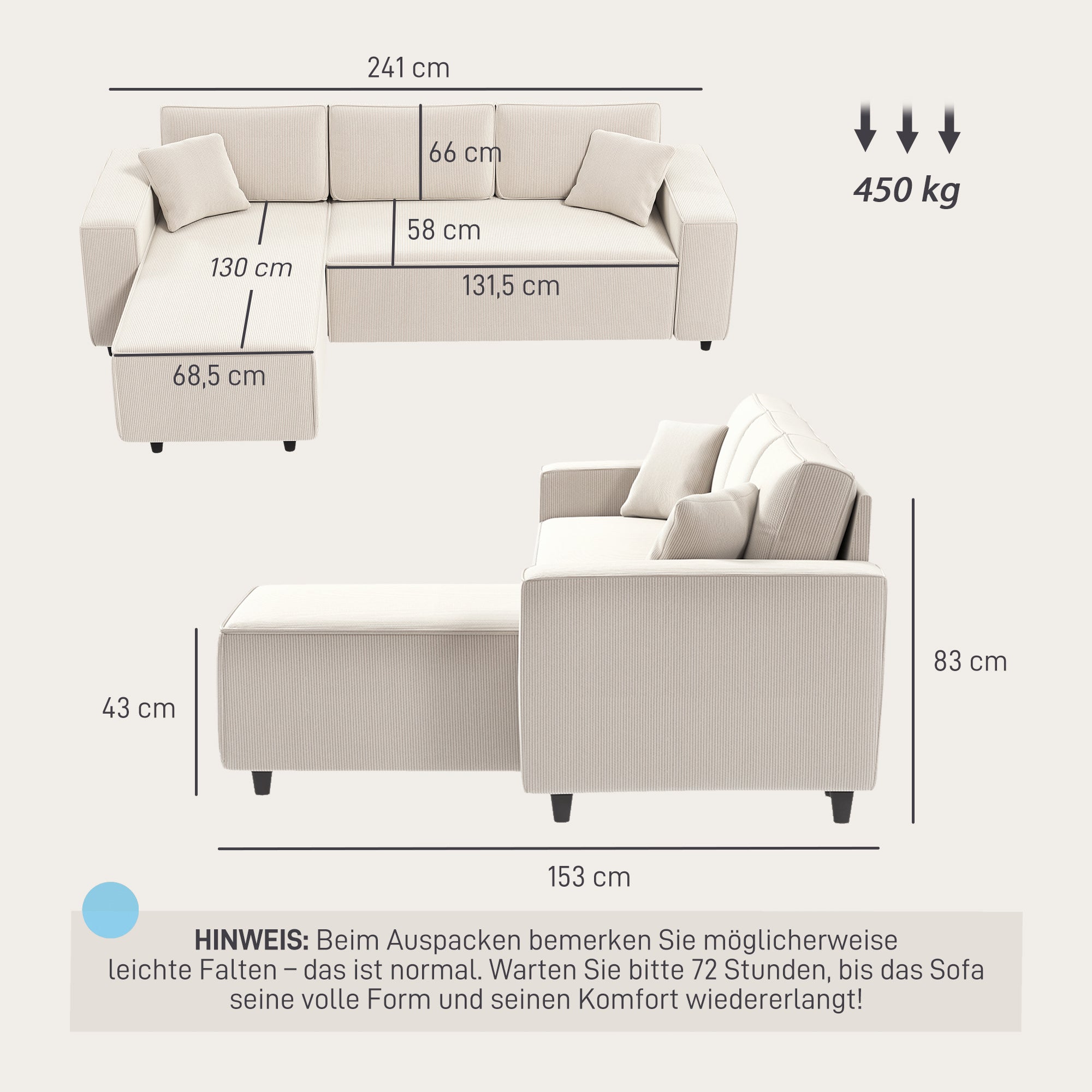 L-Shaped 3-Seater Sofa with Reversible Chaise Longue 2 Cushions Spring Padding, Cord Fabric Corner Sofa for Living Room Bedroom 241x153x83 cm Cream White