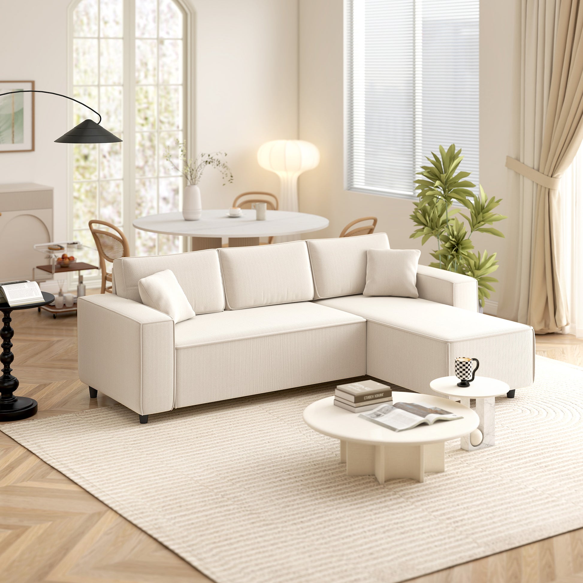 L-Shaped 3-Seater Sofa with Reversible Chaise Longue 2 Cushions Spring Padding, Cord Fabric Corner Sofa for Living Room Bedroom 241x153x83 cm Cream White