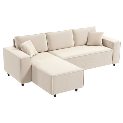 L-Shaped 3-Seater Sofa with Reversible Chaise Longue 2 Cushions Spring Padding, Cord Fabric Corner Sofa for Living Room Bedroom 241x153x83 cm Cream White