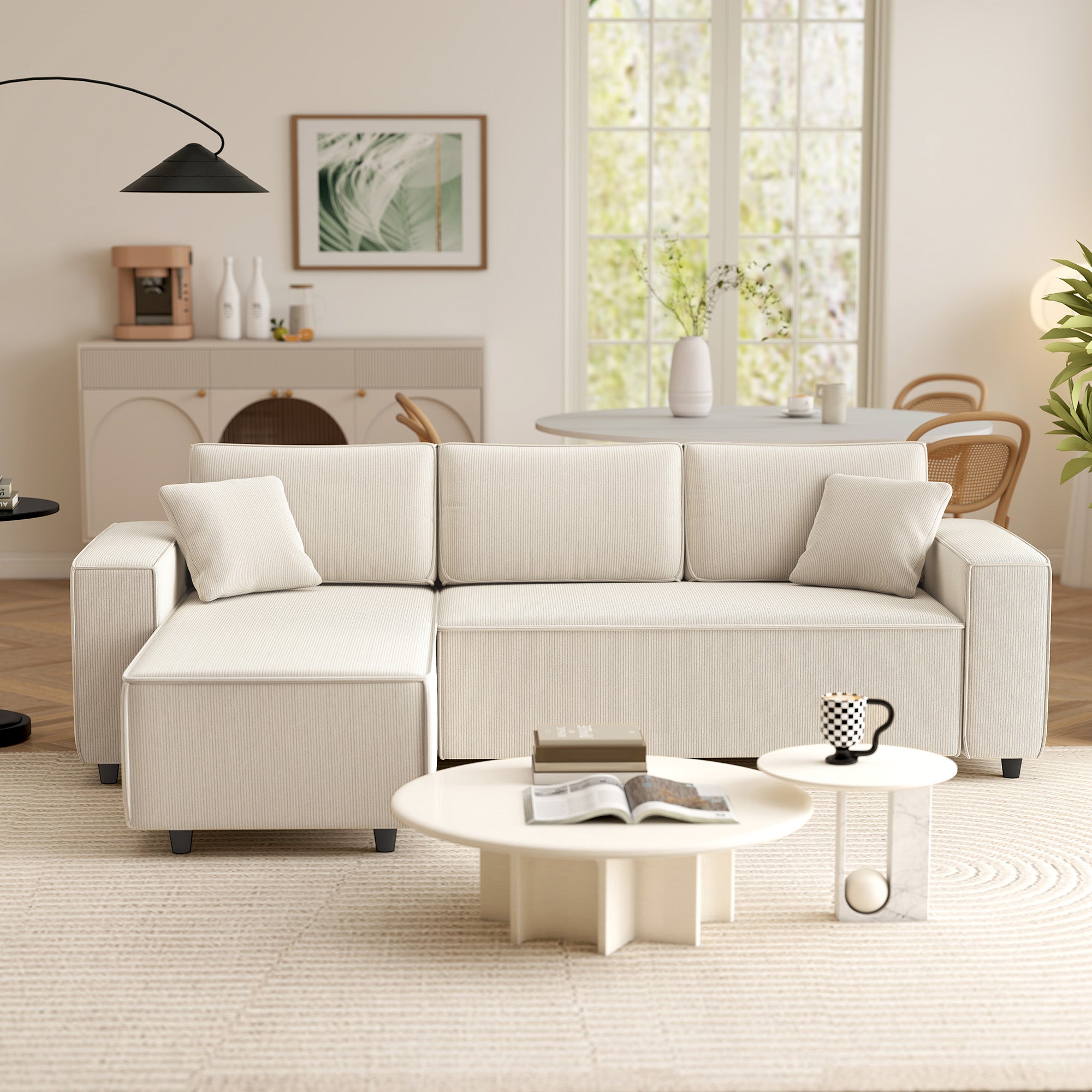 L-Shaped 3-Seater Sofa with Reversible Chaise Longue 2 Cushions Spring Padding, Cord Fabric Corner Sofa for Living Room Bedroom 241x153x83 cm Cream White