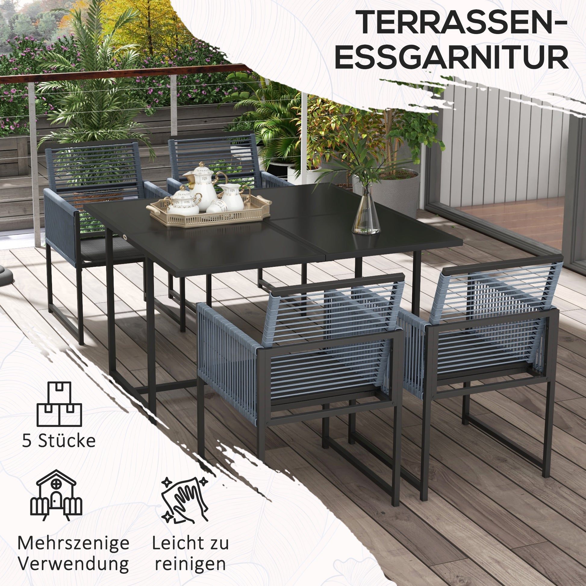 5-Piece Dining Group for 4 People Dining Table with 4 Chairs Dining Set with Folding Chairs Kitchen Table Set with Steel Frame Balcony Furniture Garden Furniture for Terrace, Balcony Dark Grey