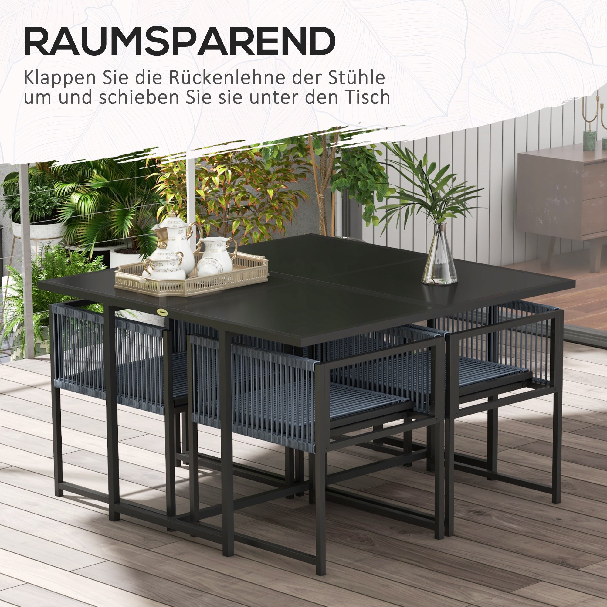 5-Piece Dining Group for 4 People Dining Table with 4 Chairs Dining Set with Folding Chairs Kitchen Table Set with Steel Frame Balcony Furniture Garden Furniture for Terrace, Balcony Dark Grey