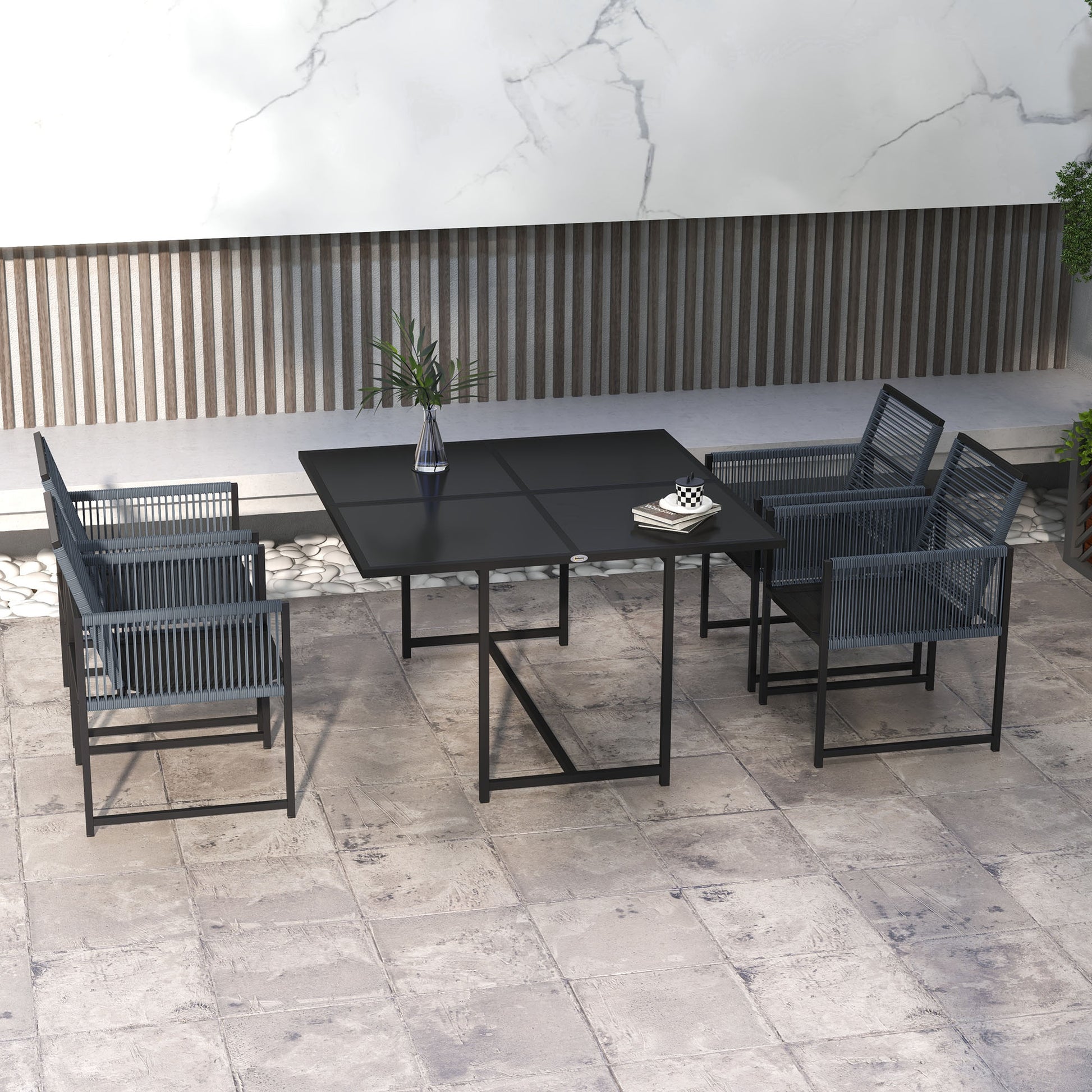 5-Piece Dining Group for 4 People Dining Table with 4 Chairs Dining Set with Folding Chairs Kitchen Table Set with Steel Frame Balcony Furniture Garden Furniture for Terrace, Balcony Dark Grey