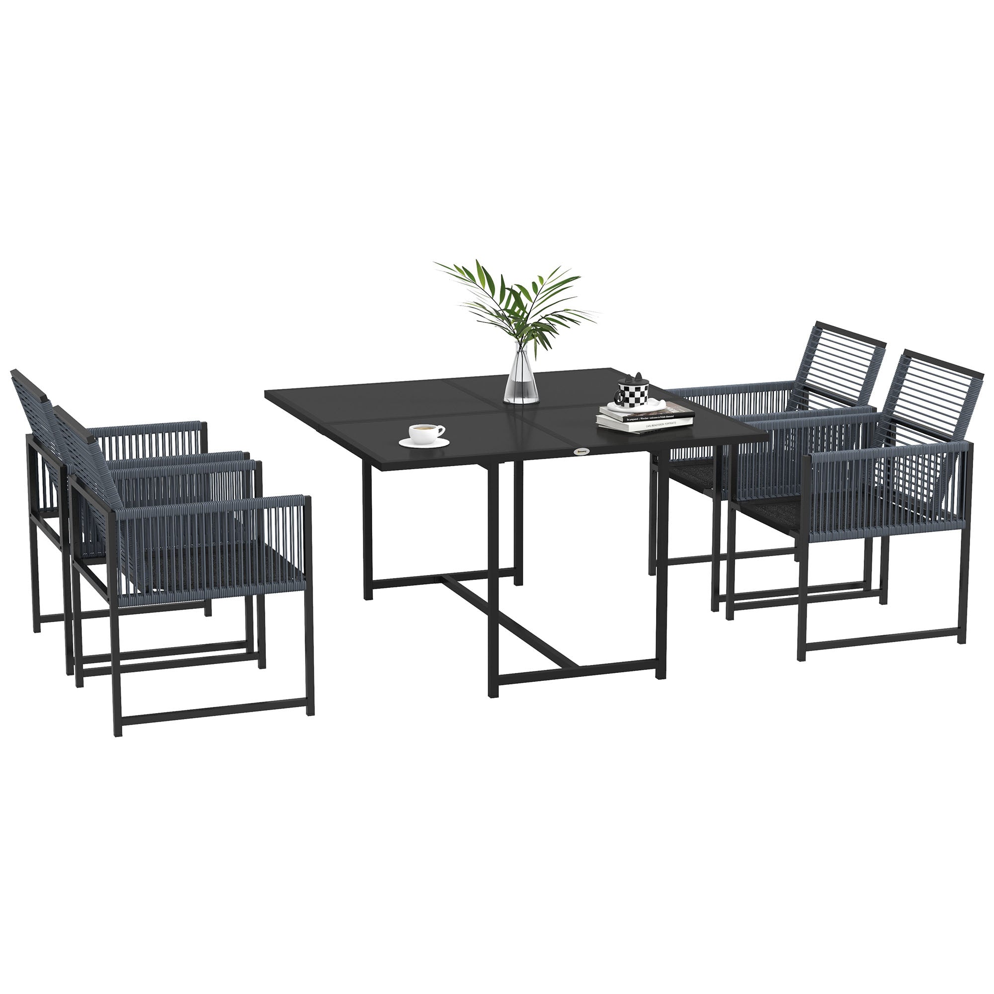 5-Piece Dining Group for 4 People Dining Table with 4 Chairs Dining Set with Folding Chairs Kitchen Table Set with Steel Frame Balcony Furniture Garden Furniture for Terrace, Balcony Dark Grey