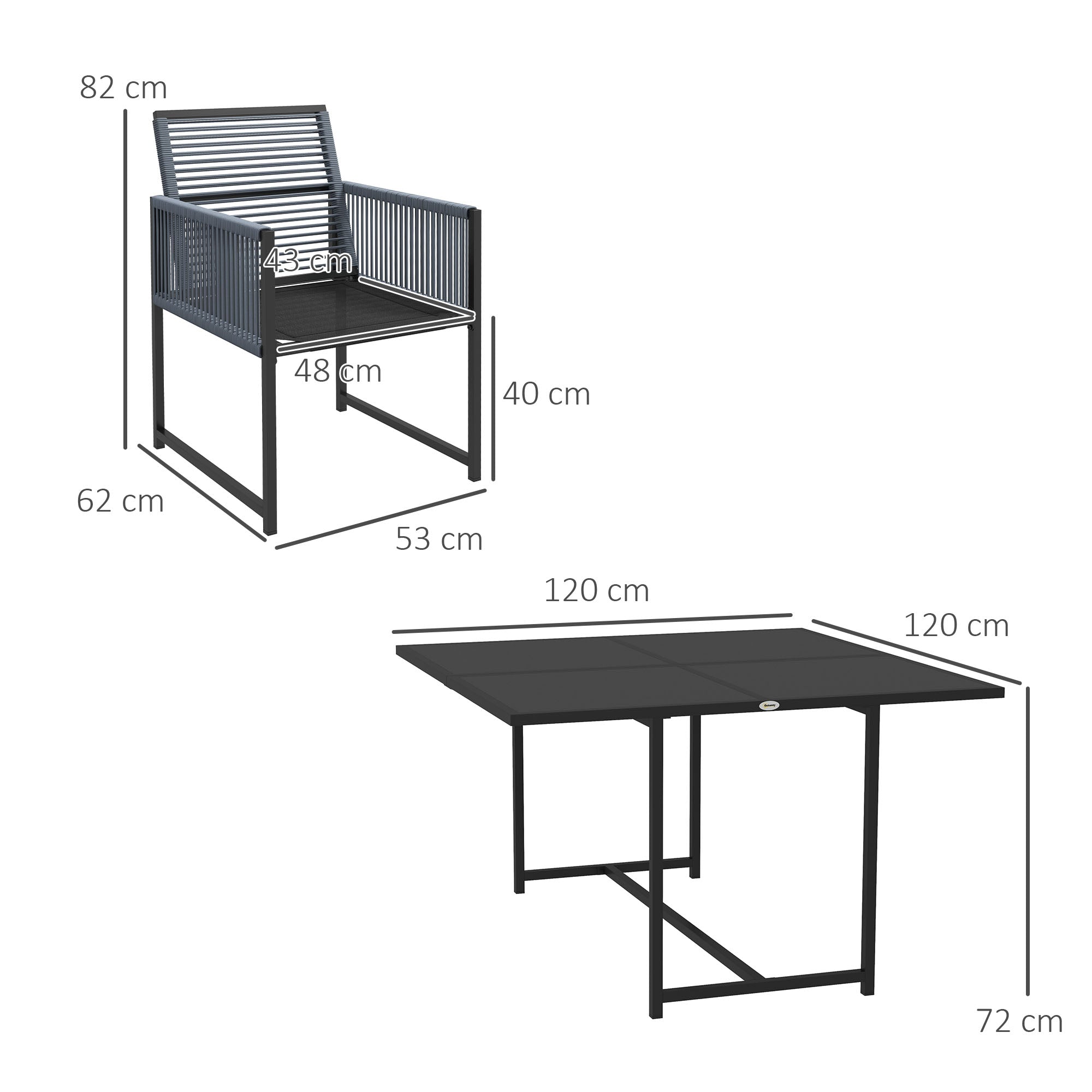 5-Piece Dining Group for 4 People Dining Table with 4 Chairs Dining Set with Folding Chairs Kitchen Table Set with Steel Frame Balcony Furniture Garden Furniture for Terrace, Balcony Dark Grey