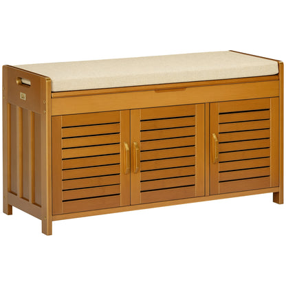 Shoe Bench Shoe Storage Entryway Bench in Bamboo with 3 Cabinets, Cushioned Seat, and Hidden Compartment, for Hallway, Bedroom, 89.6 x 32 x 49 cm, Brown