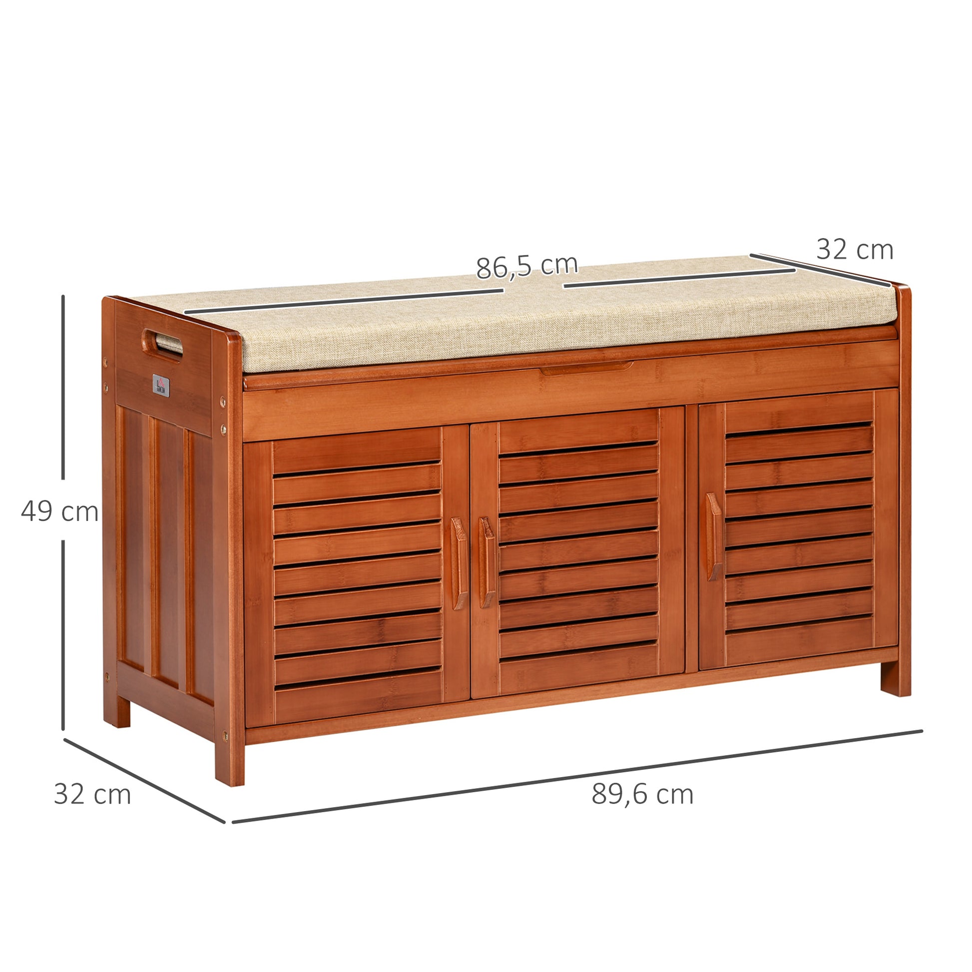 Shoe Bench Shoe Storage Entryway Bench in Bamboo with 3 Cabinets, Cushioned Seat, and Hidden Compartment, for Hallway, Bedroom, 89.6 x 32 x 49 cm, Brown