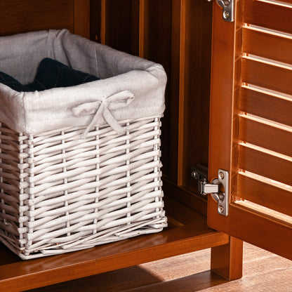 Shoe Bench Shoe Storage Entryway Bench in Bamboo with 3 Cabinets, Cushioned Seat, and Hidden Compartment, for Hallway, Bedroom, 89.6 x 32 x 49 cm, Brown