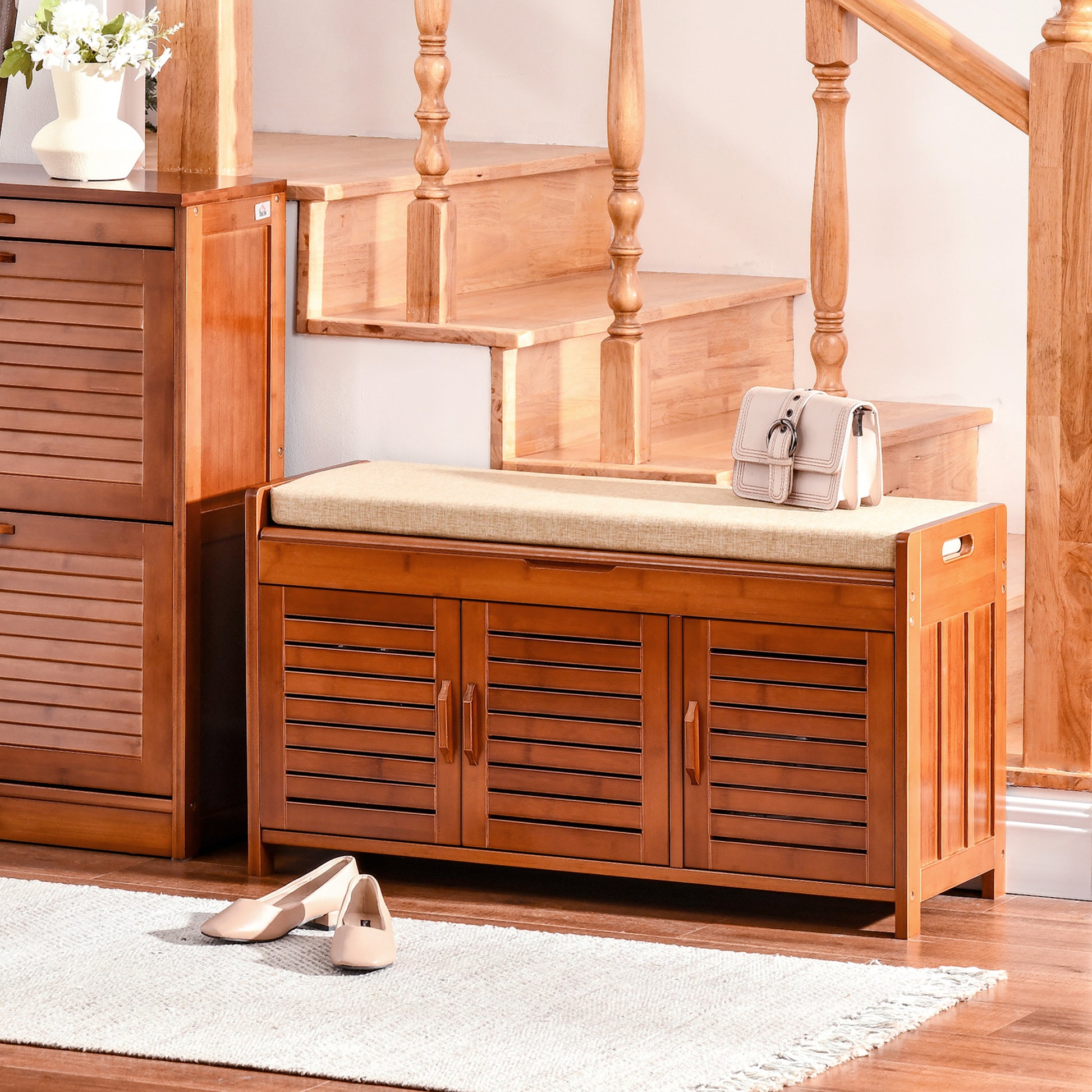 Shoe Bench Shoe Storage Entryway Bench in Bamboo with 3 Cabinets, Cushioned Seat, and Hidden Compartment, for Hallway, Bedroom, 89.6 x 32 x 49 cm, Brown