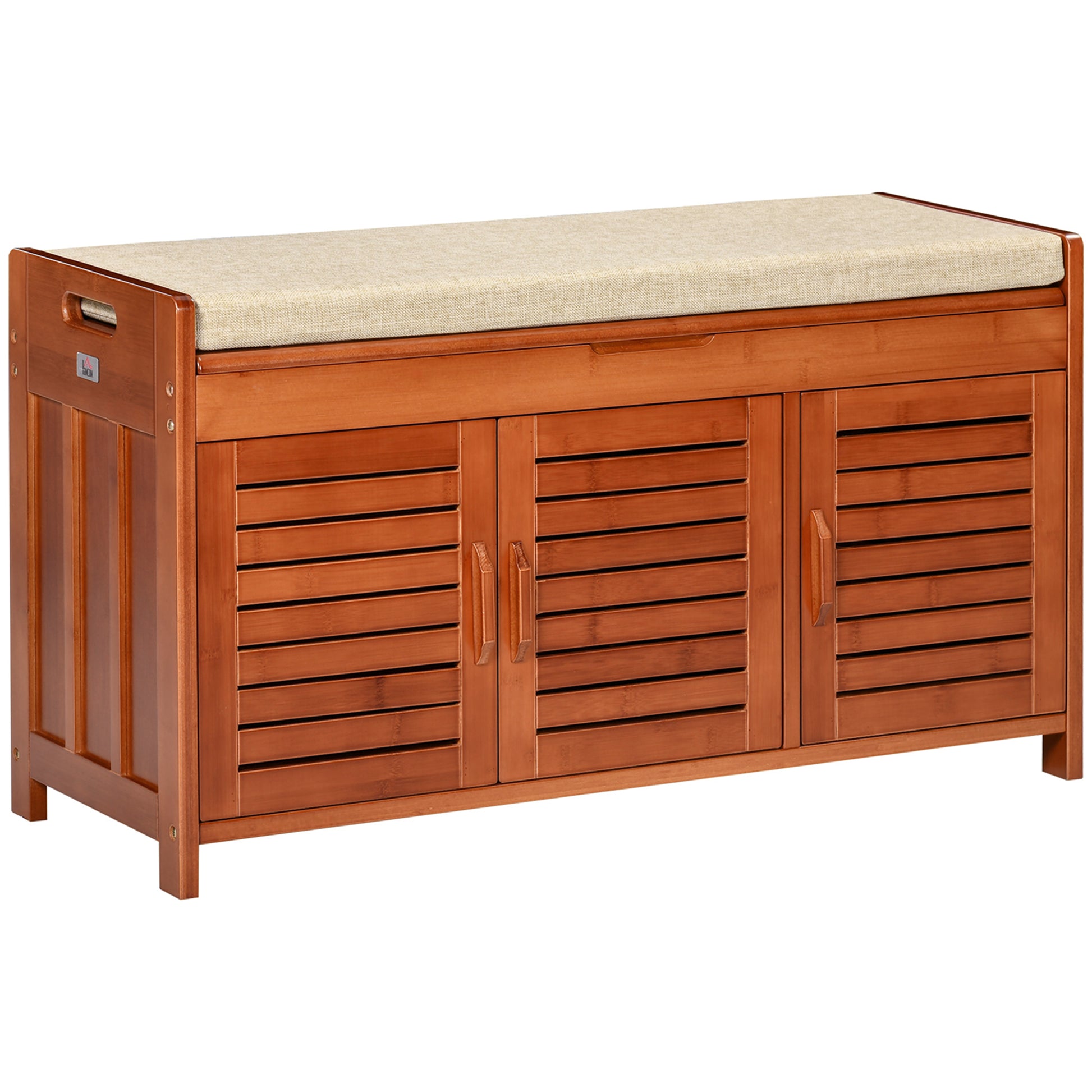 Shoe Bench Shoe Storage Entryway Bench in Bamboo with 3 Cabinets, Cushioned Seat, and Hidden Compartment, for Hallway, Bedroom, 89.6 x 32 x 49 cm, Brown
