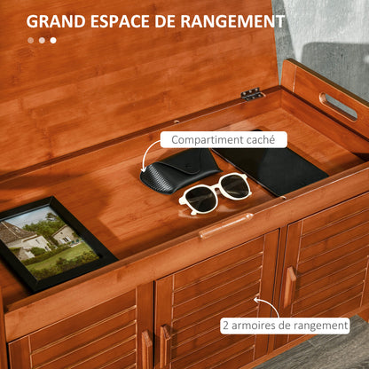 Shoe Bench Shoe Storage Entryway Bench in Bamboo with 3 Cabinets, Cushioned Seat, and Hidden Compartment, for Hallway, Bedroom, 89.6 x 32 x 49 cm, Brown