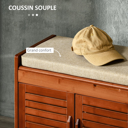 Shoe Bench Shoe Storage Entryway Bench in Bamboo with 3 Cabinets, Cushioned Seat, and Hidden Compartment, for Hallway, Bedroom, 89.6 x 32 x 49 cm, Brown