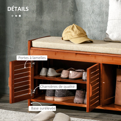 Shoe Bench Shoe Storage Entryway Bench in Bamboo with 3 Cabinets, Cushioned Seat, and Hidden Compartment, for Hallway, Bedroom, 89.6 x 32 x 49 cm, Brown