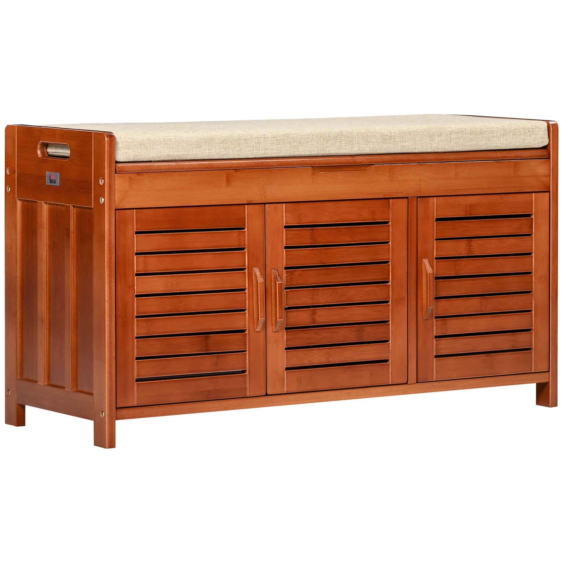 Shoe Bench Shoe Storage Entryway Bench in Bamboo with 3 Cabinets, Cushioned Seat, and Hidden Compartment, for Hallway, Bedroom, 89.6 x 32 x 49 cm, Brown