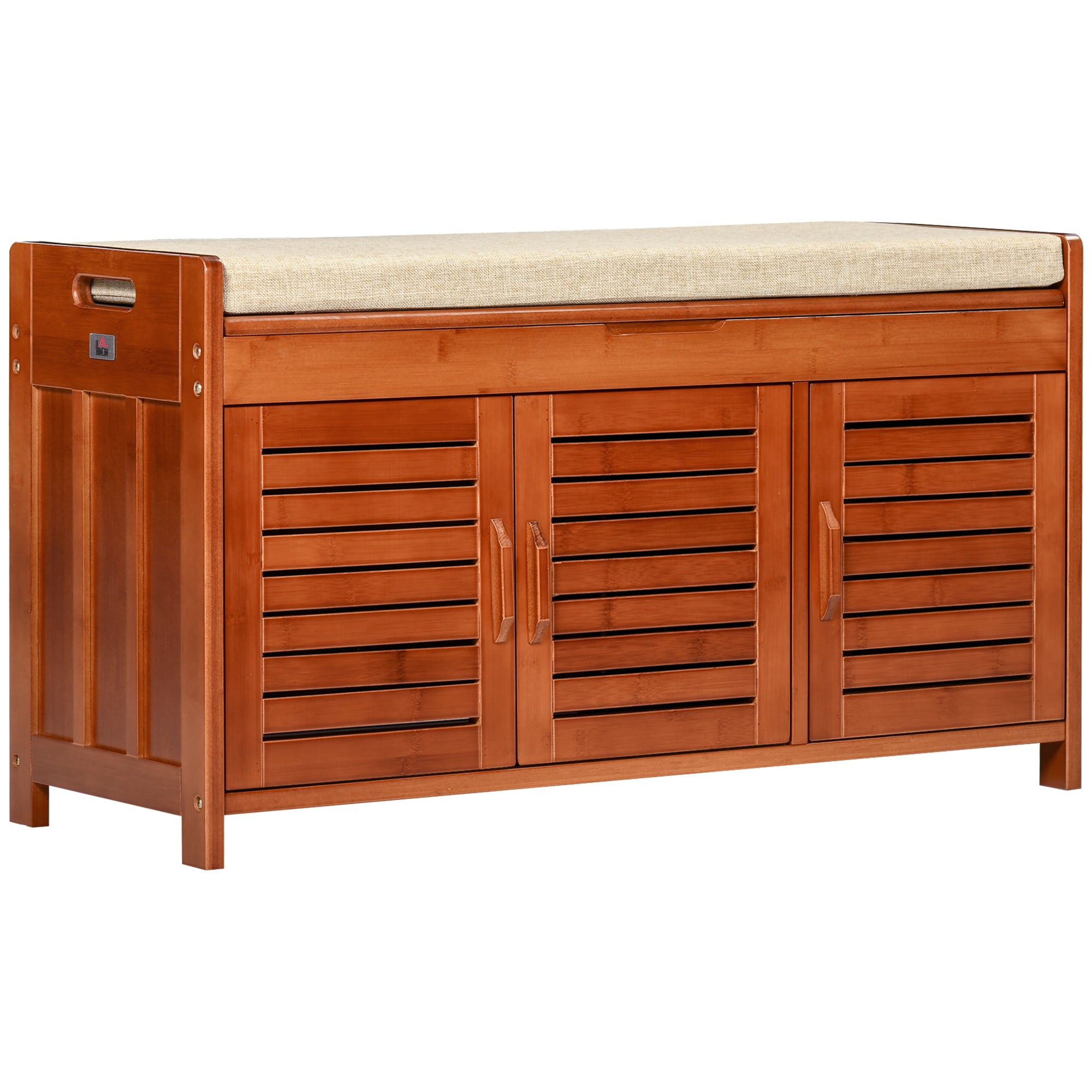 Shoe Bench Shoe Storage Entryway Bench in Bamboo with 3 Cabinets, Cushioned Seat, and Hidden Compartment, for Hallway, Bedroom, 89.6 x 32 x 49 cm, Brown