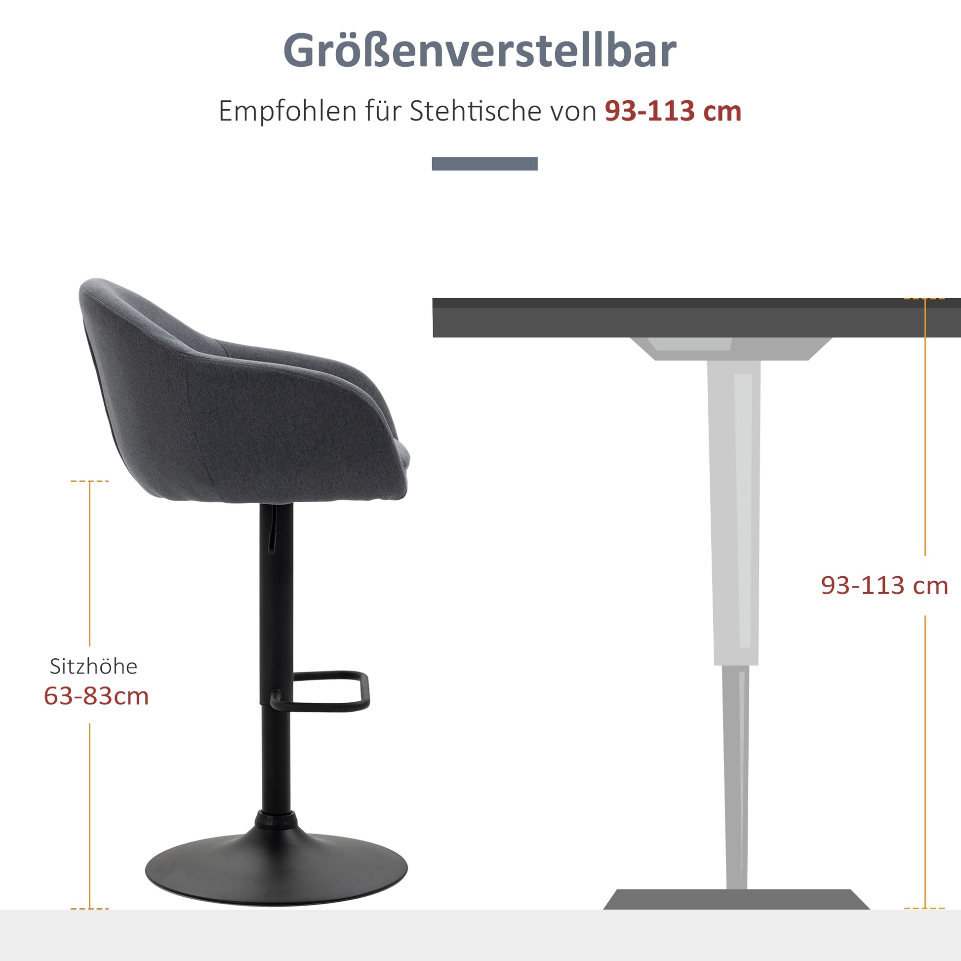 Bar Stool, Height Adjustable Bar Chair, Kitchen Stool, Bistro Stool with Footrest, Counter Stool with Linen Look for Dining Room, Dark Gray, 54 x 54 x 92-112 cm