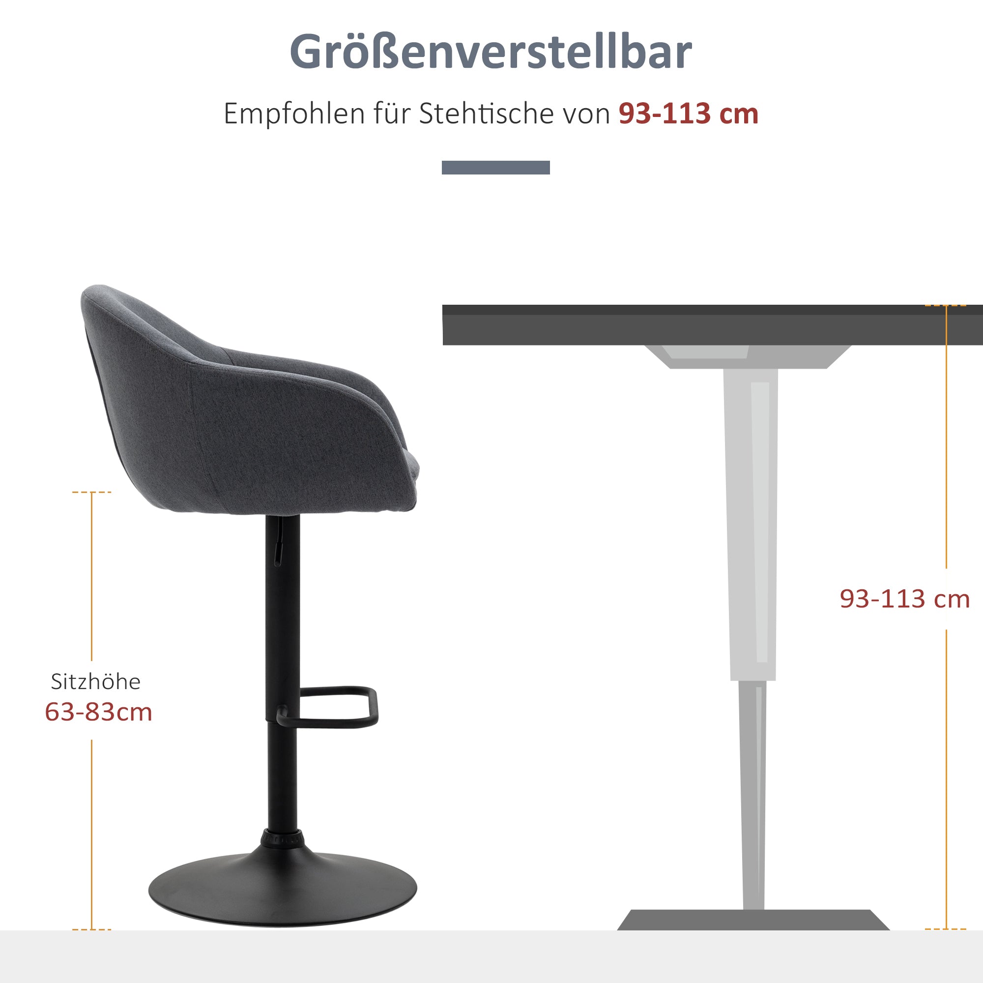 Bar Stool, Height Adjustable Bar Chair, Kitchen Stool, Bistro Stool with Footrest, Counter Stool with Linen Look for Dining Room, Dark Gray, 54 x 54 x 92-112 cm