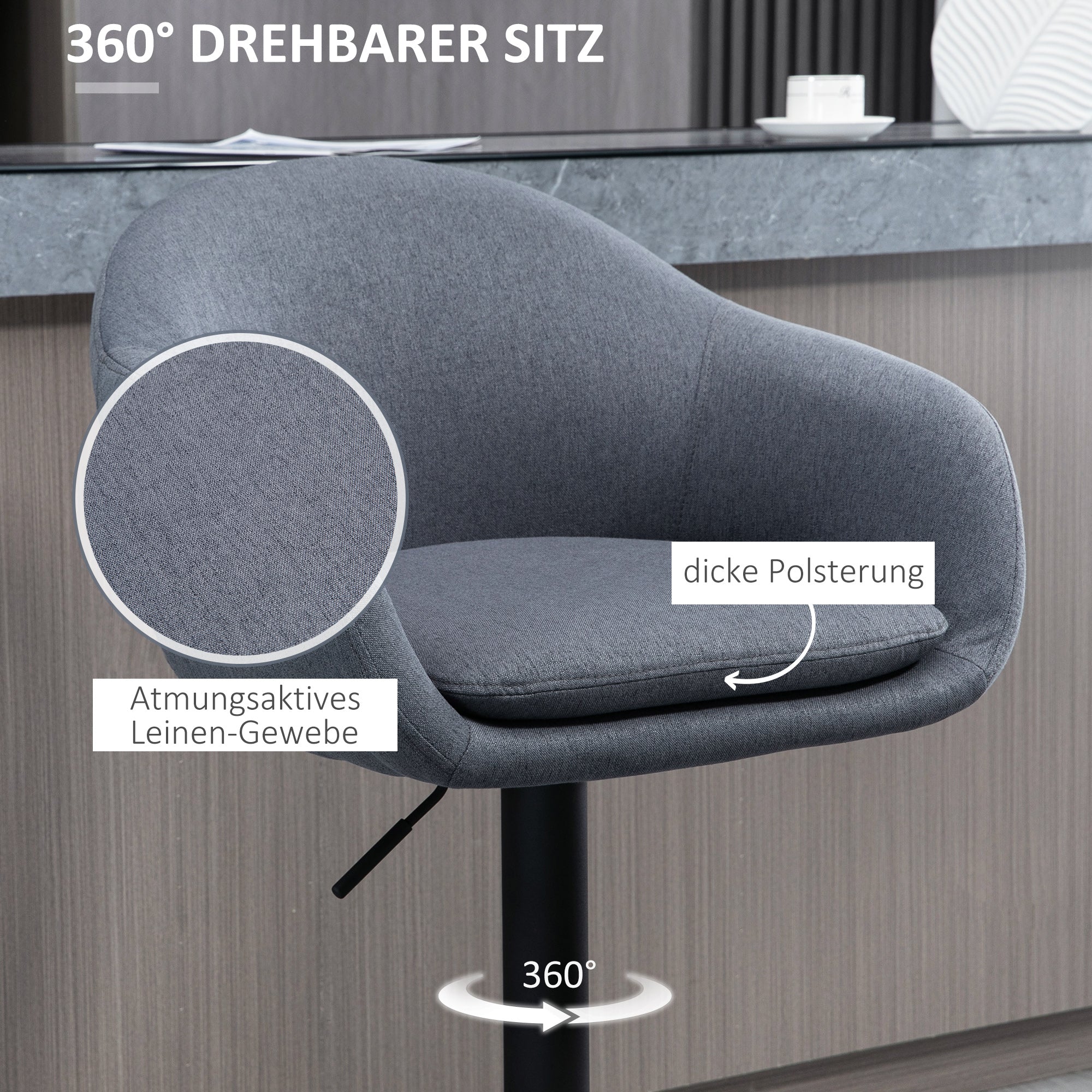 Bar Stool, Height Adjustable Bar Chair, Kitchen Stool, Bistro Stool with Footrest, Counter Stool with Linen Look for Dining Room, Dark Gray, 54 x 54 x 92-112 cm