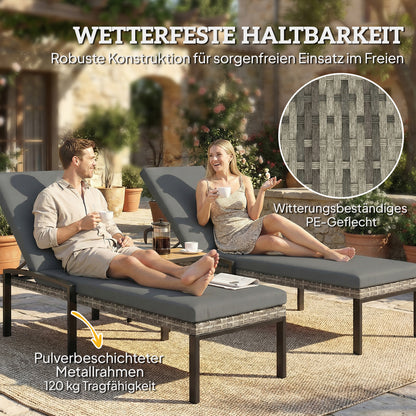 2-Pack Polyrattan Sun Lounger with 5-Position Adjustable Backrest, Removable Cushion, Weatherproof Outdoor Recliner — Up to 265 lb, Garden/Pool/Beach, Light Gray