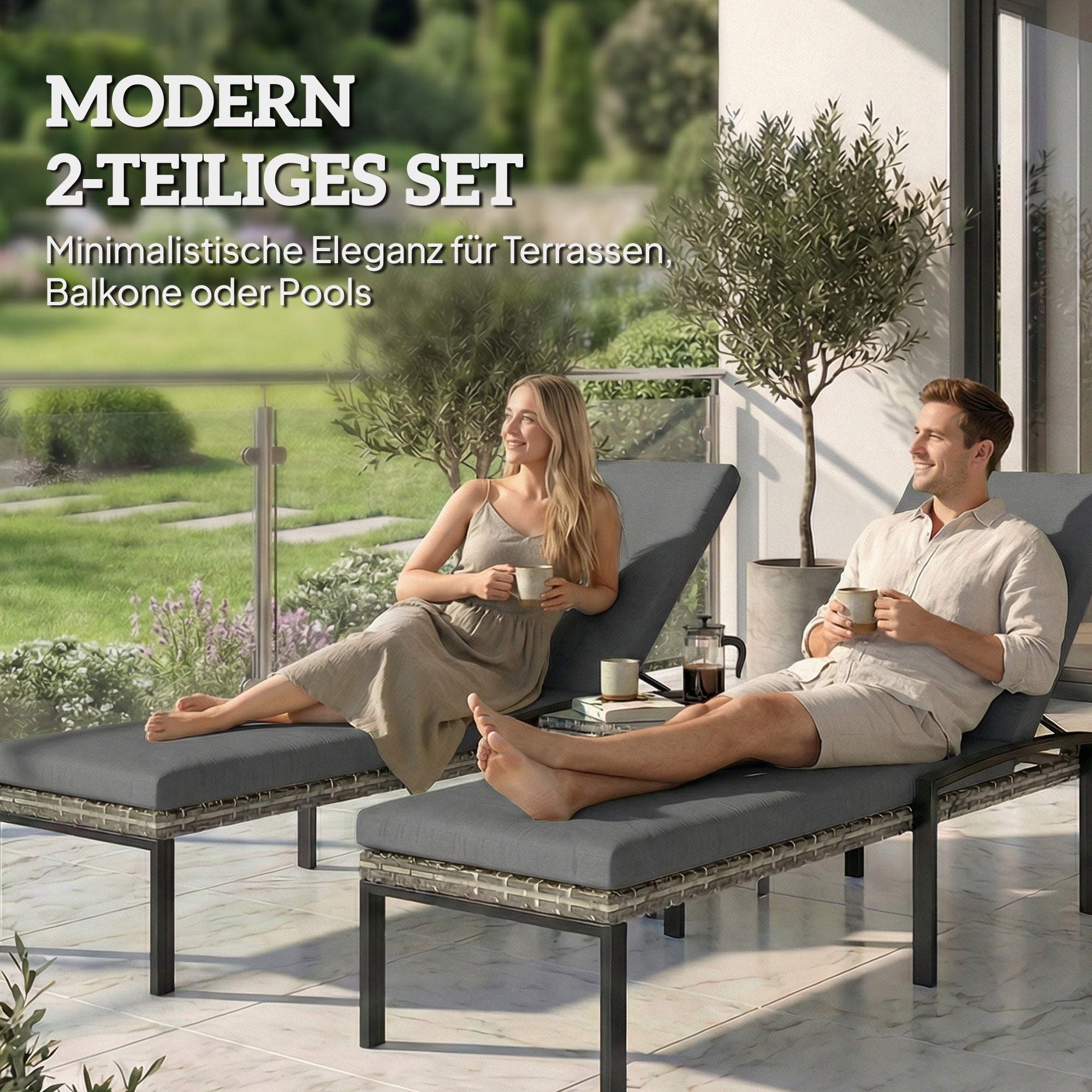 2-Pack Polyrattan Sun Lounger with 5-Position Adjustable Backrest, Removable Cushion, Weatherproof Outdoor Recliner — Up to 265 lb, Garden/Pool/Beach, Light Gray