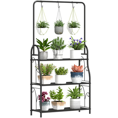 3-Tier Plant Stand with Hanging Rod, Hooks, Flower Stand for Indoor, Metal Plant Rack, Multi-layer Flower Shelf, 137cm High Flower Ladder for Living Room, Garden Balcony, Black