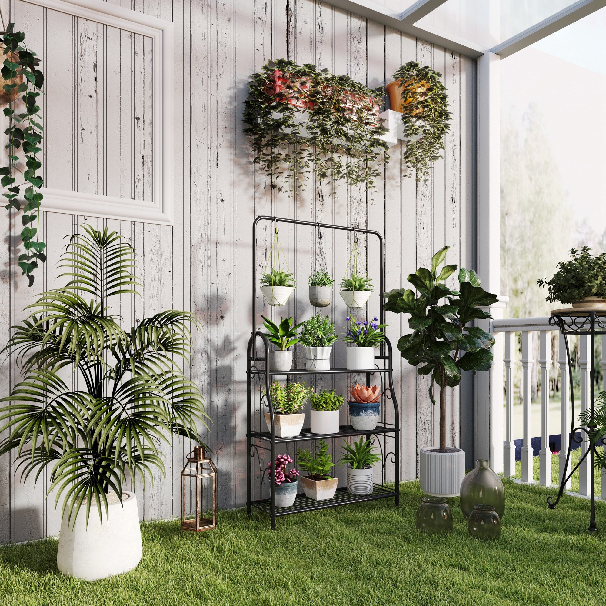 3-Tier Plant Stand with Hanging Rod, Hooks, Flower Stand for Indoor, Metal Plant Rack, Multi-layer Flower Shelf, 137cm High Flower Ladder for Living Room, Garden Balcony, Black