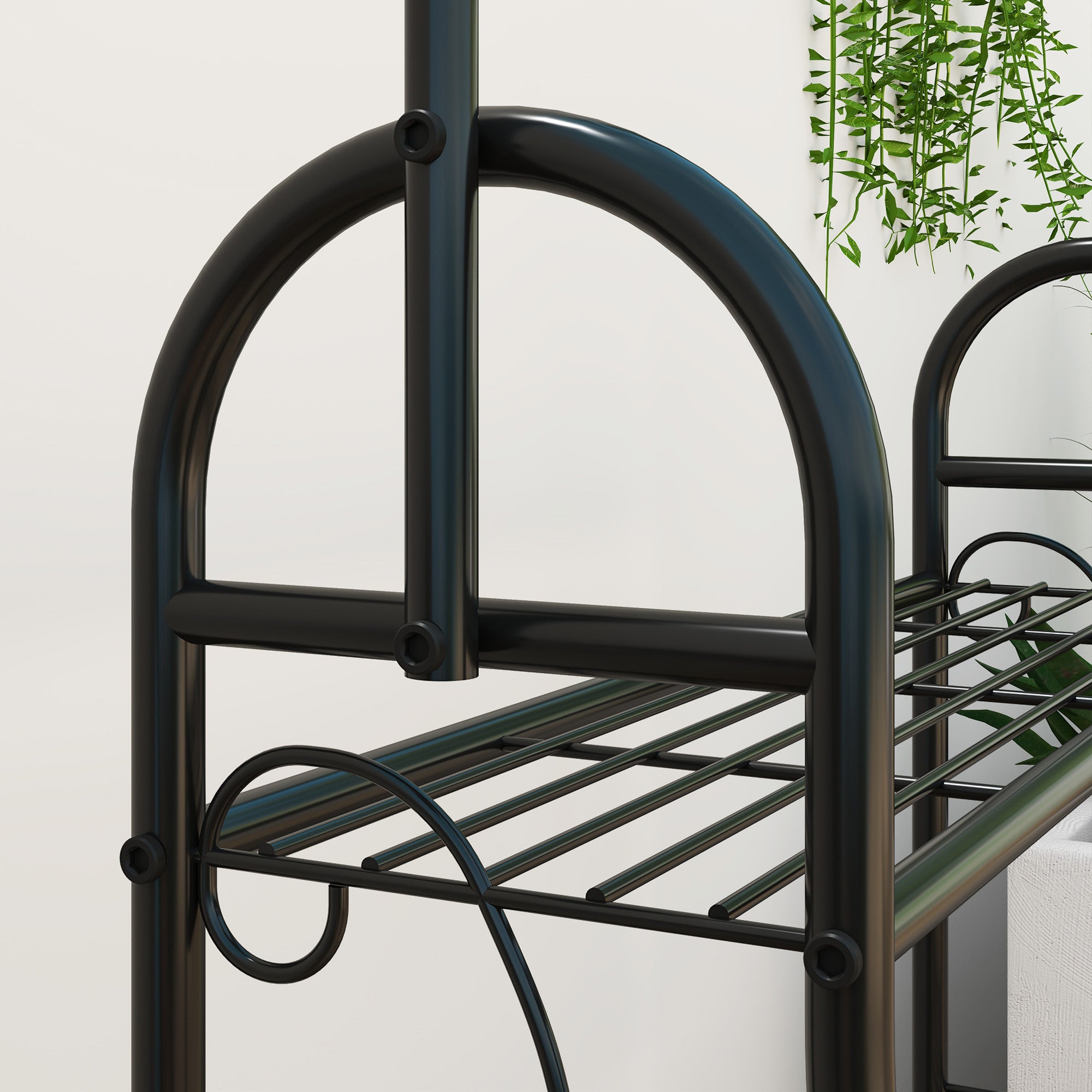 3-Tier Plant Stand with Hanging Rod, Hooks, Flower Stand for Indoor, Metal Plant Rack, Multi-layer Flower Shelf, 137cm High Flower Ladder for Living Room, Garden Balcony, Black
