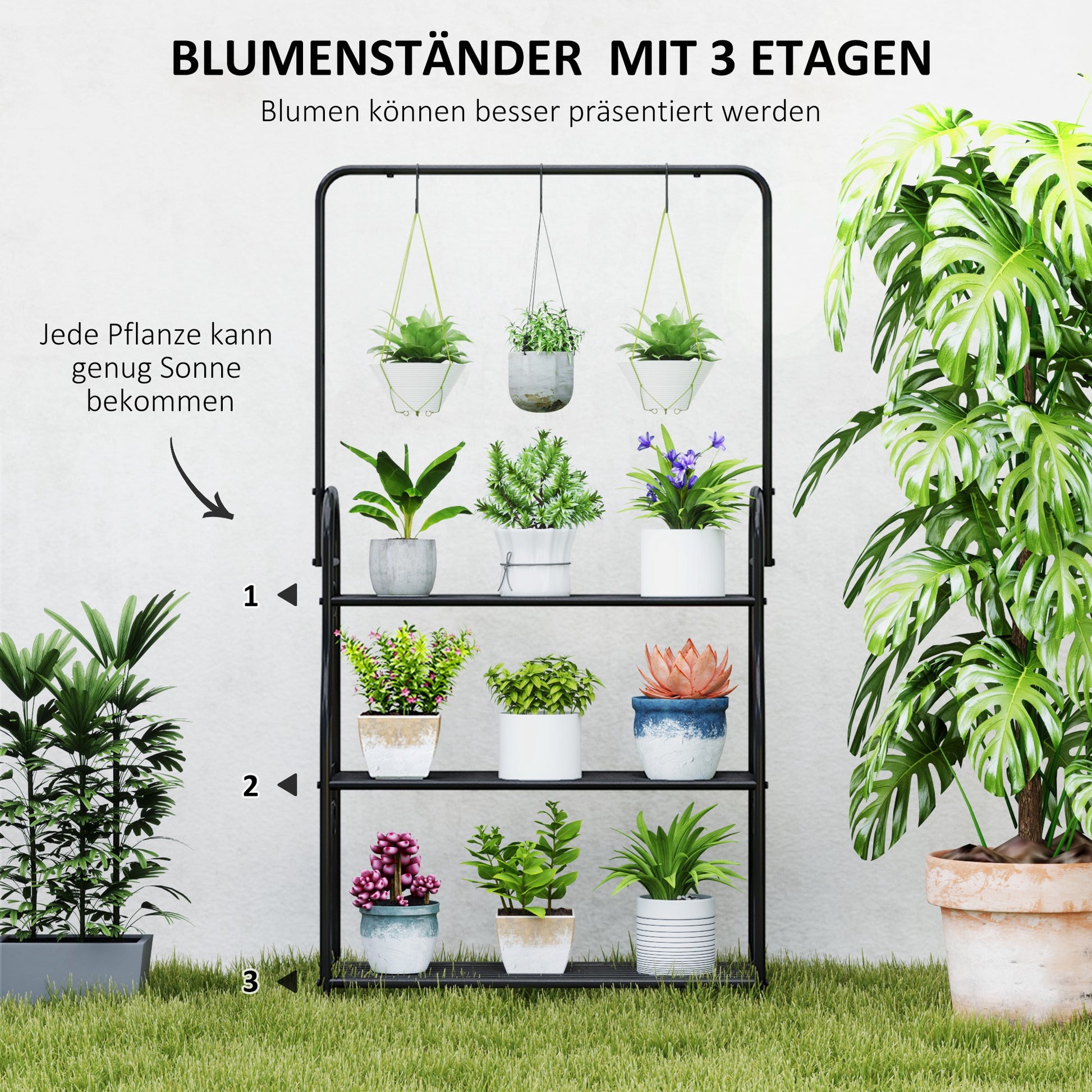 3-Tier Plant Stand with Hanging Rod, Hooks, Flower Stand for Indoor, Metal Plant Rack, Multi-layer Flower Shelf, 137cm High Flower Ladder for Living Room, Garden Balcony, Black