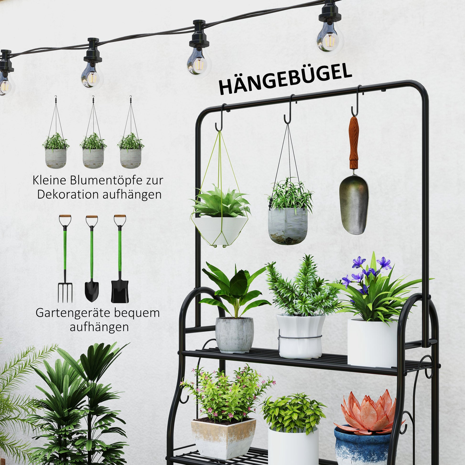 3-Tier Plant Stand with Hanging Rod, Hooks, Flower Stand for Indoor, Metal Plant Rack, Multi-layer Flower Shelf, 137cm High Flower Ladder for Living Room, Garden Balcony, Black