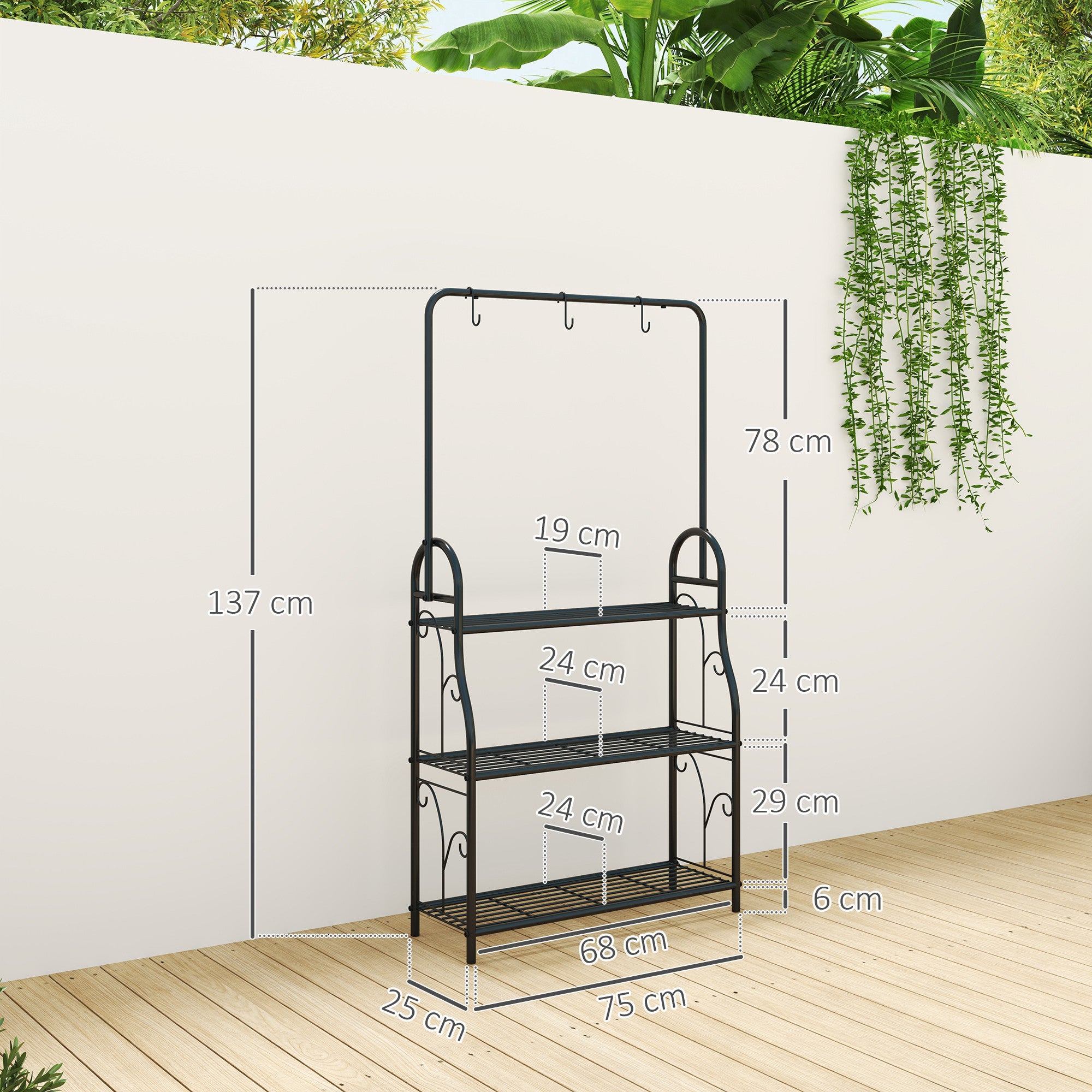3-Tier Plant Stand with Hanging Rod, Hooks, Flower Stand for Indoor, Metal Plant Rack, Multi-layer Flower Shelf, 137cm High Flower Ladder for Living Room, Garden Balcony, Black