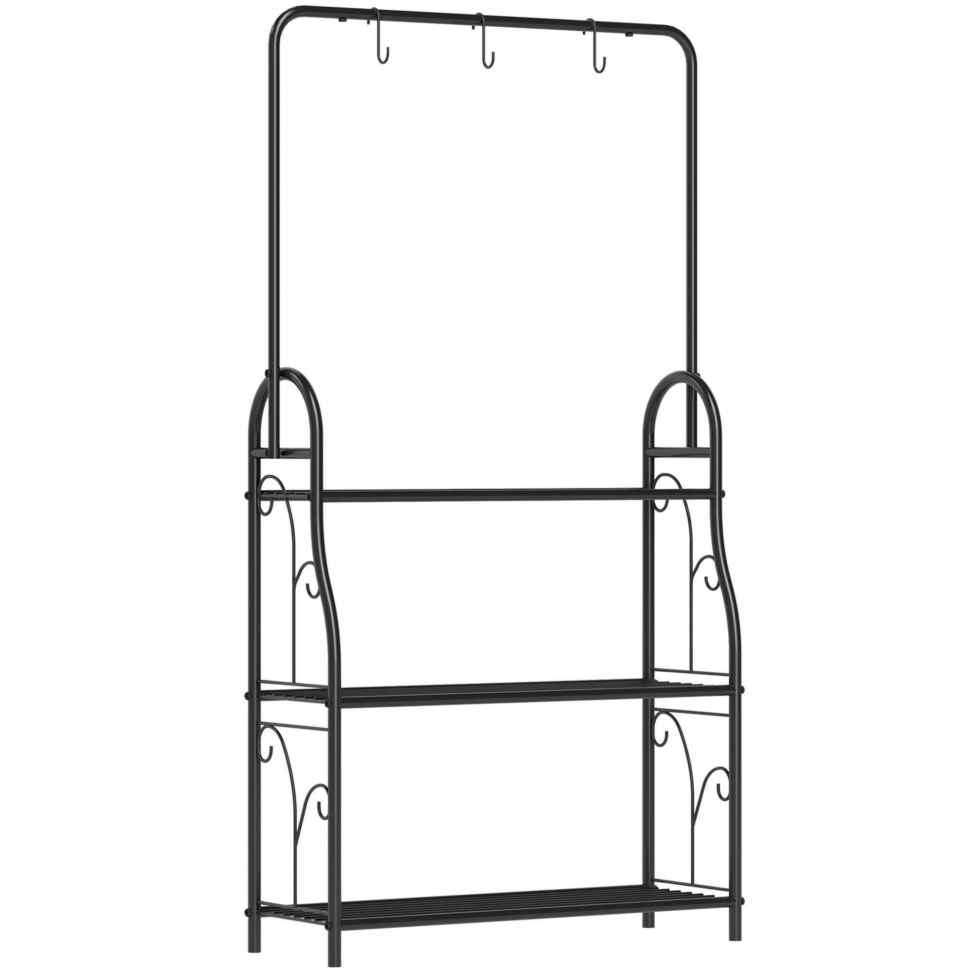 3-Tier Plant Stand with Hanging Rod, Hooks, Flower Stand for Indoor, Metal Plant Rack, Multi-layer Flower Shelf, 137cm High Flower Ladder for Living Room, Garden Balcony, Black