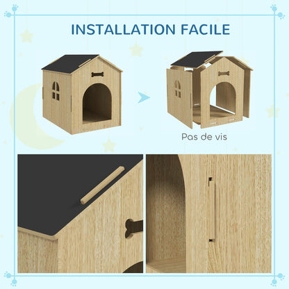 Indoor Dog House, Indoor Wooden Dog House with Hollow Bone Designs, Window, Easy Assembly, for Miniature Dog, Cat, 44 x 57 x 58 cm, Oak