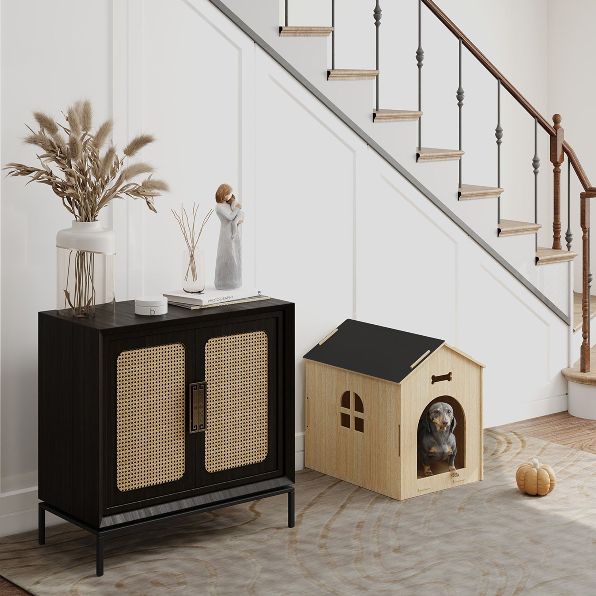 Indoor Dog House, Indoor Wooden Dog House with Hollow Bone Designs, Window, Easy Assembly, for Miniature Dog, Cat, 44 x 57 x 58 cm, Oak
