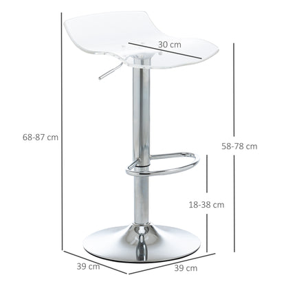 Set of 2 contemporary design bar stools with acrylic seat and metal base - 360° swivel - adjustable height with footrest - transparent