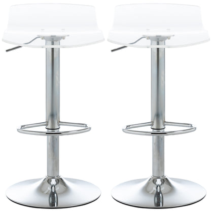 Set of 2 contemporary design bar stools with acrylic seat and metal base - 360° swivel - adjustable height with footrest - transparent
