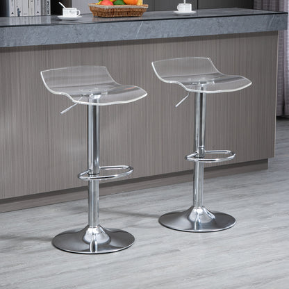 Set of 2 contemporary design bar stools with acrylic seat and metal base - 360° swivel - adjustable height with footrest - transparent
