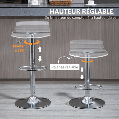 Set of 2 contemporary design bar stools with acrylic seat and metal base - 360° swivel - adjustable height with footrest - transparent