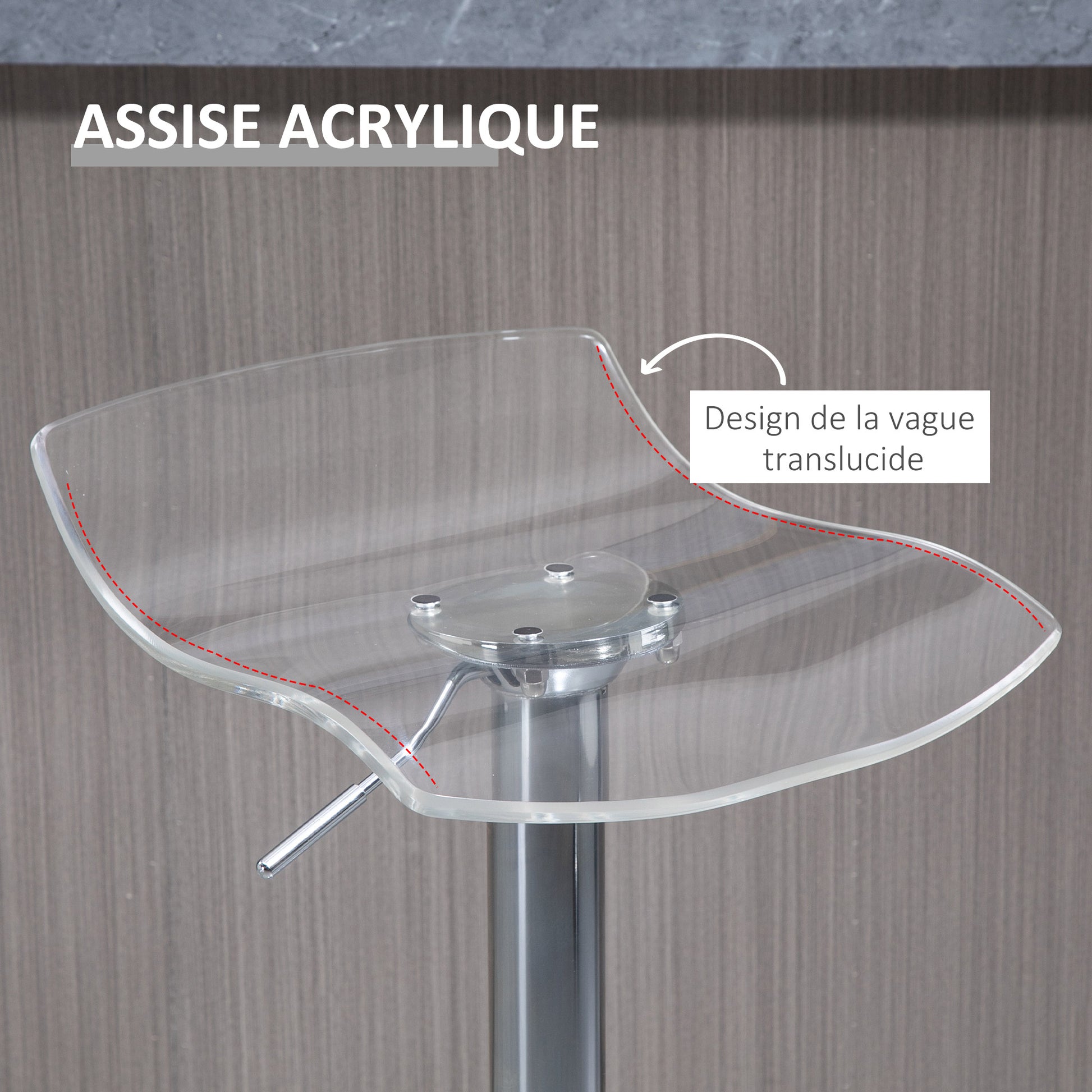 Set of 2 contemporary design bar stools with acrylic seat and metal base - 360° swivel - adjustable height with footrest - transparent